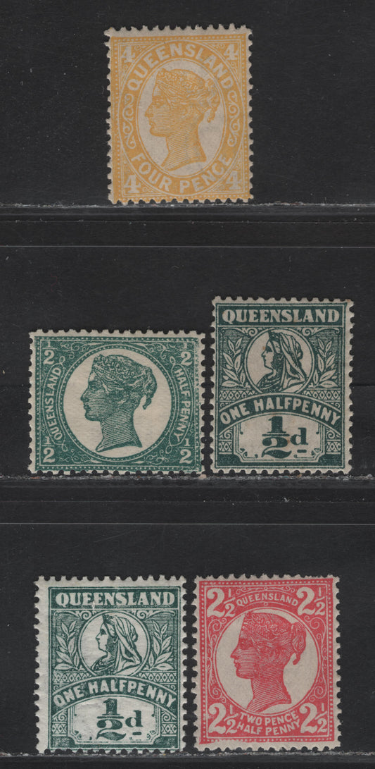 Lot 32 (C) Queensland SC#231, 236, 244a, 262, 286 1/2d - 4d Deep Green - Yellow Queen Victoria, 1897-1908 Queen Victoria Sidefaces Issue, 5 F/VFOG Singles, Die 2, Wmk 6 & Crown Over A, 4d Has A Light Vertical Crease.
