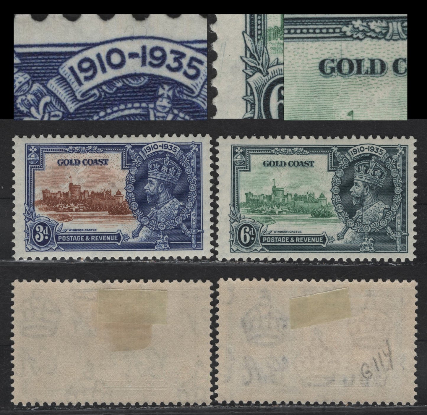 Lot 320 Gold Coast SG#114var, 115var 3d - 6d Chestnut & Deep Blue - Green & Indigo KGV & Windsor Castle, 1935 Silver Jubilee Issue, 2 VFOG Singles, Frame Plate Flaws
