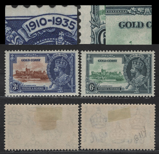 Lot 320 Gold Coast SG#114var, 115var 3d - 6d Chestnut & Deep Blue - Green & Indigo KGV & Windsor Castle, 1935 Silver Jubilee Issue, 2 VFOG Singles, Frame Plate Flaws
