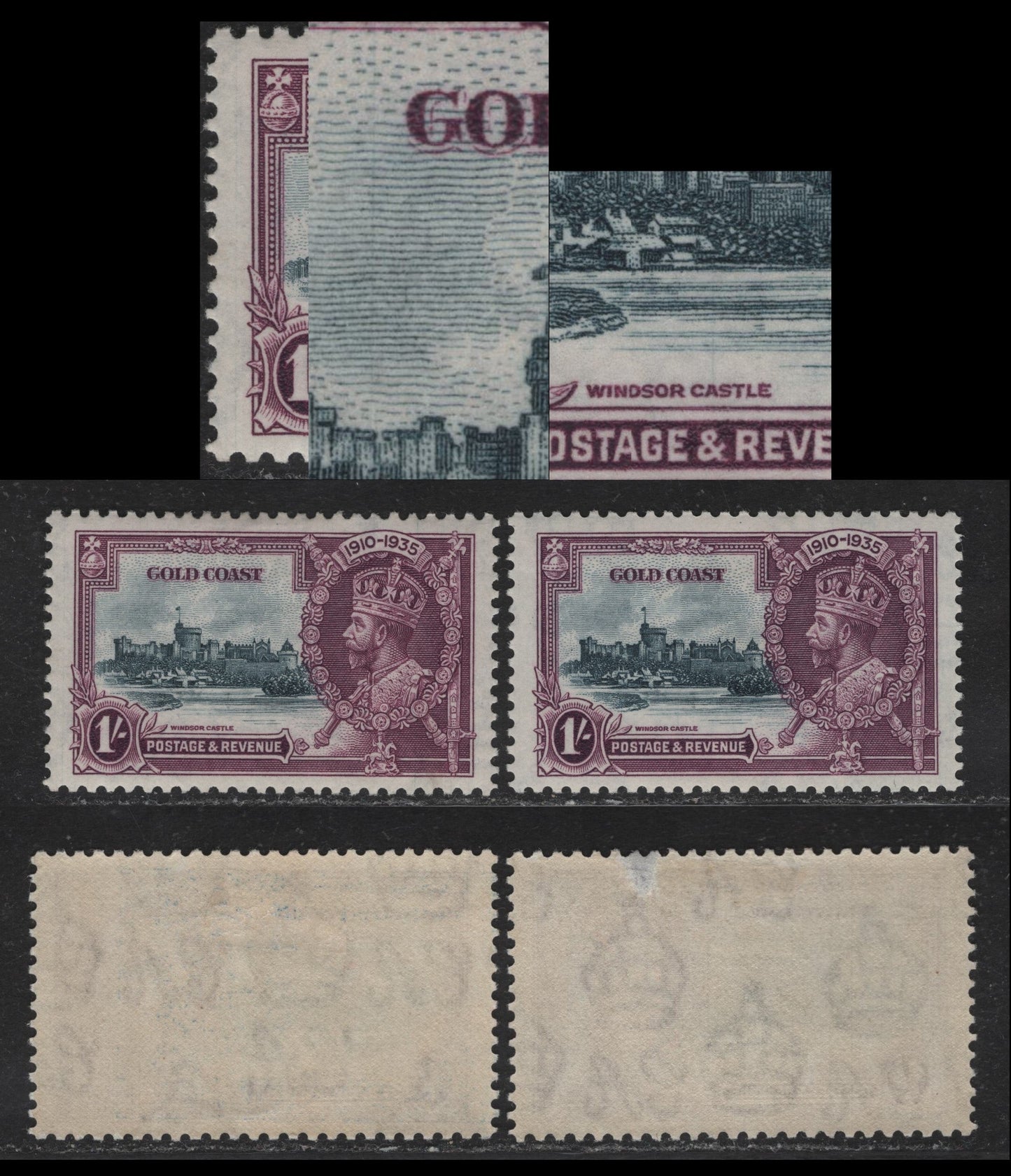 Lot 321 Gold Coast SG#116var 1/- Slate & Purple KGV & Windsor Castle, 1935 Silver Jubilee Issue, 2 VFOG Singles, Vignette Plate Cracks On Different Locations On The Design