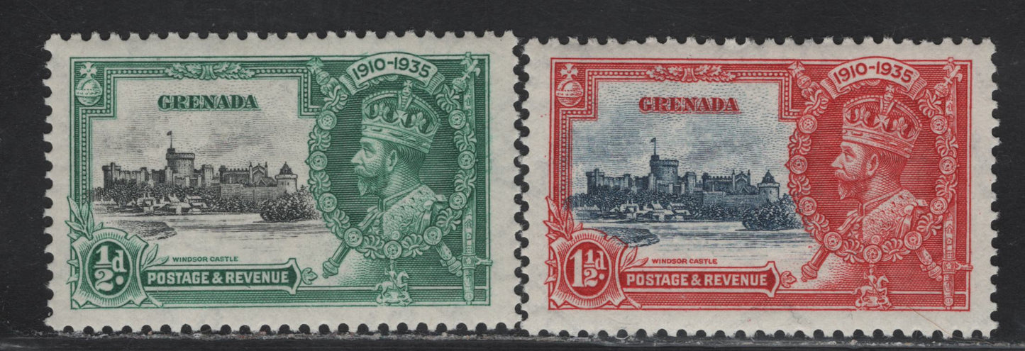 Lot 323 Grenada SG#145-146 1/2d & 1.5d Black & Green - Deep Blue & Scarlet KGV & Windsor Castle, 1935 Silver Jubilee Issue, 2 VFNH Singles