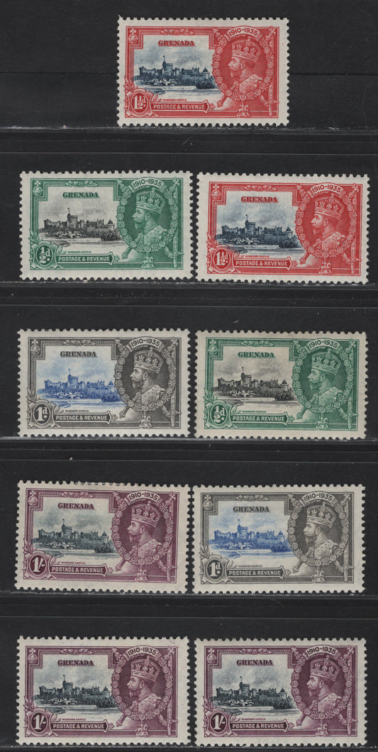 Lot 324 Grenada SG#145-148 1/2d - 1/- Black & Green - Slate & Purple KGV & Windsor Castle, 1935 Silver Jubilee Issue, 9 VFOG Singles, Shade Lot Showing 2-3 Different Frame And/Or Vignette Shades Of Each Value