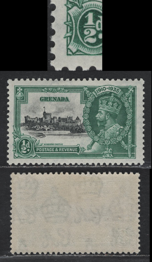 Lot 325 Grenada SG#145var 1/2d Black & Green KGV & Windsor Castle, 1935 Silver Jubilee Issue, A VFOG Single, Showing Major Re-entry in Which Most Elements Of The LL Part Of The value Tablet Is Doubled, Unlisted In gibbons