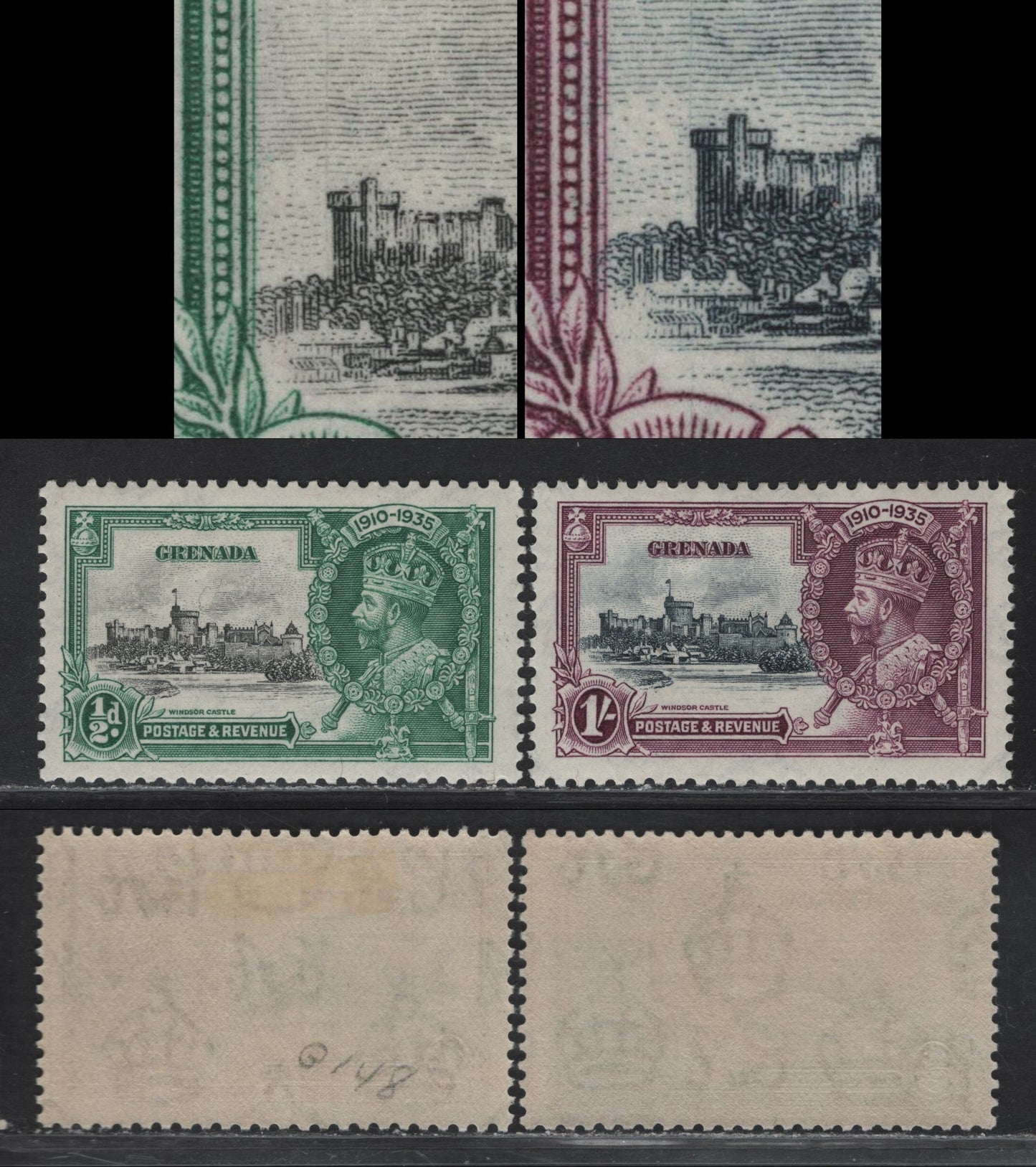 Lot 326 Grenada SG#145var, 148var 1/2d - 1/- Black & Myrtle Green - Slate & Purple KGV & Windsor Castle, 1935 Silver Jubilee Issue, 2 VFOG/NH Singles, Constant Vertical Hairline Through Left Edge Of Brunswick Tower, 1/2d is NH