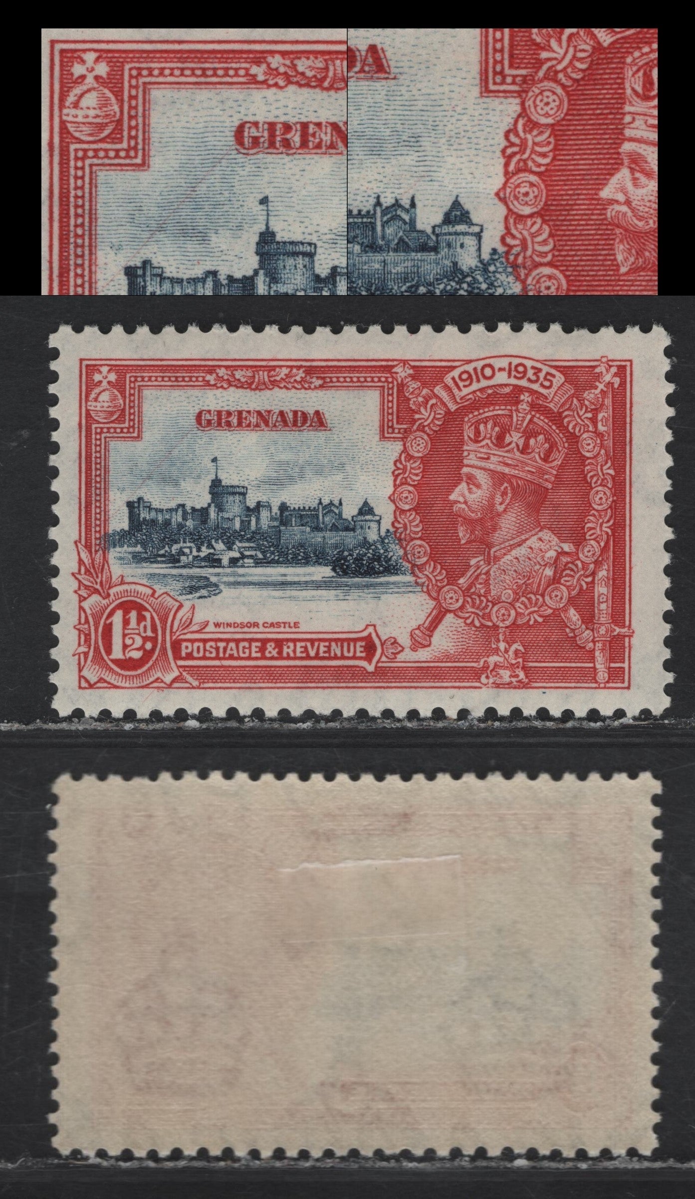 Lot 328 Grenada SG#147var 1.5d Indigo & Dull Scarlet KGV & Windsor Castle, 1935 Silver Jubilee Issue, A VFOG Single, Diagonal Frame Plate Crack From 'G' of Grenada to Left Frameline & Center Of Chapel To Inner Frameline