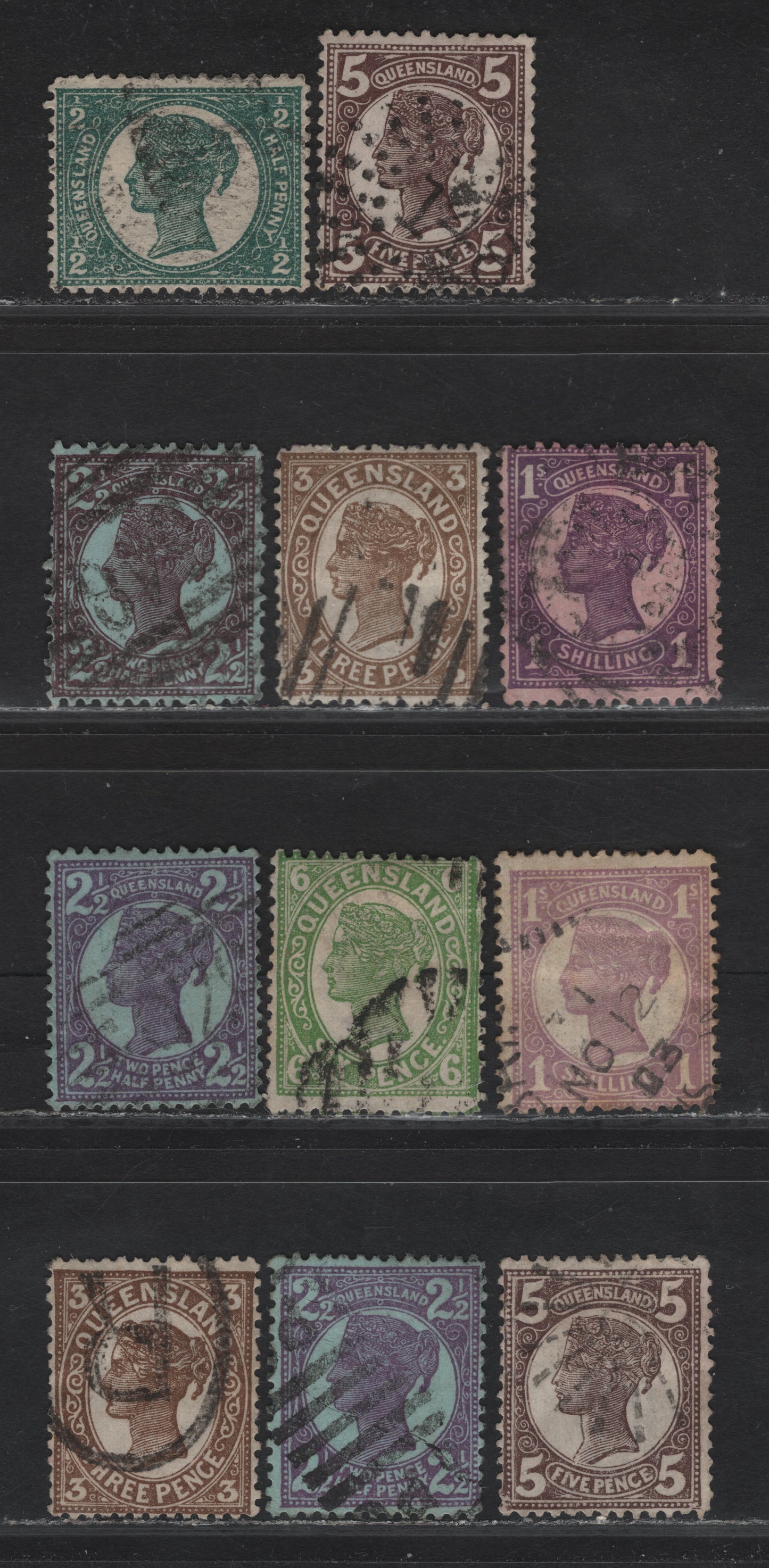 Lot 33 (C) Queensland SG#231, 237-238, 240-241, 246, 250-251, 253 1/2d - 1/- Deep Green - Bright Mauve Queen Victoria, 1897-1898 Queen Victoria Sidefaces Issue, 11 Very Good/Fine/Very Fine Used Singles, Numerals In All Corners