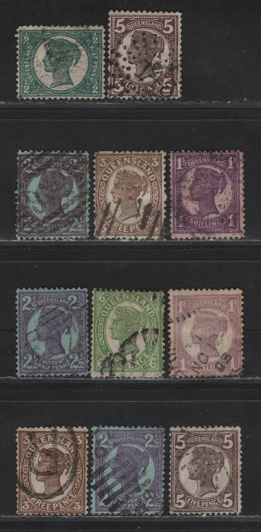 Lot 33 (C) Queensland SG#231, 237-238, 240-241, 246, 250-251, 253 1/2d - 1/- Deep Green - Bright Mauve Queen Victoria, 1897-1898 Queen Victoria Sidefaces Issue, 11 Very Good/Fine/Very Fine Used Singles, Numerals In All Corners
