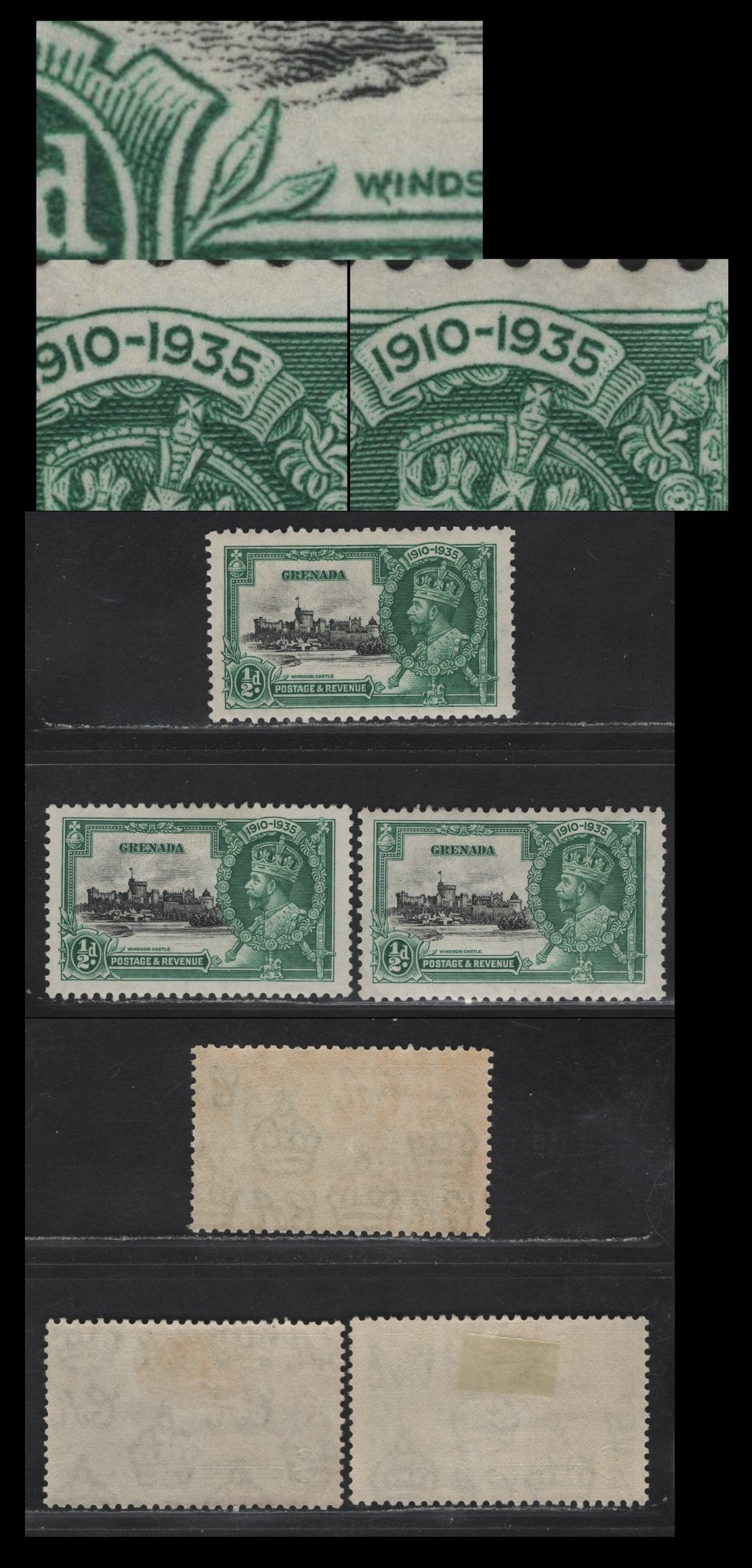 Lot 330 Grenada SG#145var 1/2d Black & Myrtle Green KGV & Windsor Castle, 1935 Silver Jubilee Issue, A VFOG Single, Showing Spurs On '5' of 1935 & 'W' of 'Windsor'