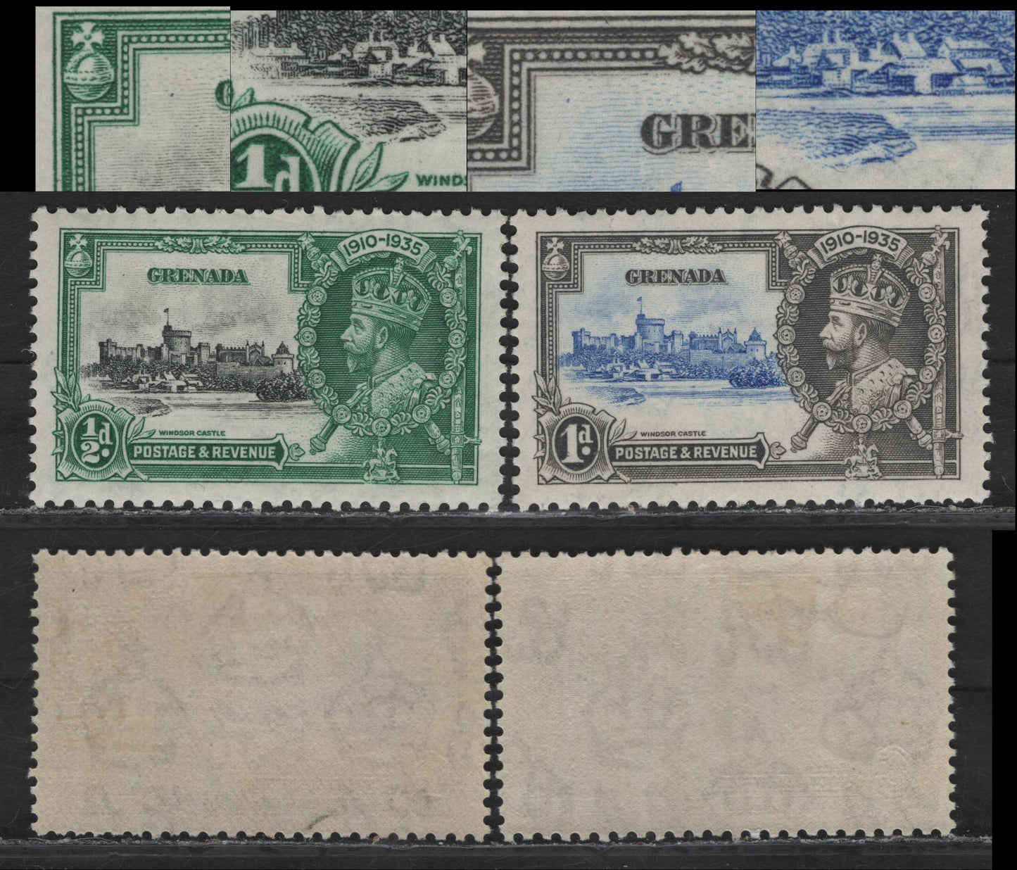 Lot 333 Grenada SG#145var, 146var 1/2d - 1d Black & Myrtle Green - Ultramarine & Gray KGV & Windsor Castle, 1935 Silver Jubilee Issue, 2 VFOG Singles, Showing Constant Rock In Water Above Broca's Meadow & Dot In Sky High Above State Apartments