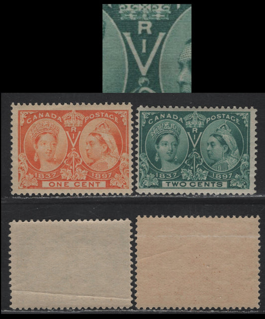 Lot 336 Canada #51i, 52var 1c Pale Orange Yellow Queen Victoria, 1897 Diamond Jubilee Issue, 2 GNH/VGOG Singles, Paper ABN-U & ABN-V, Perfs 12 & 11.95x12