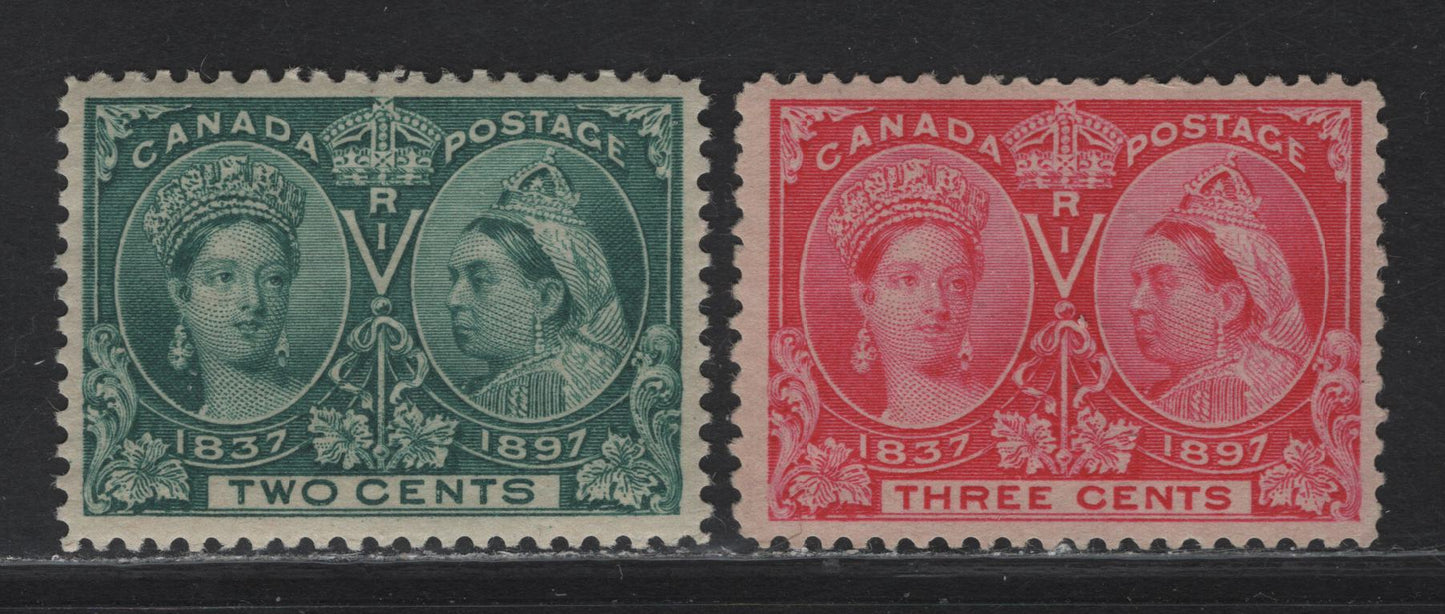 Lot 337 Canada #52, 53i 2c - 3c Green - Rose Queen Victoria, 1897 Diamond Jubilee Issue, 2 VFOG Singles, Papers ABN-V, Perfs 12x11.9 & 12