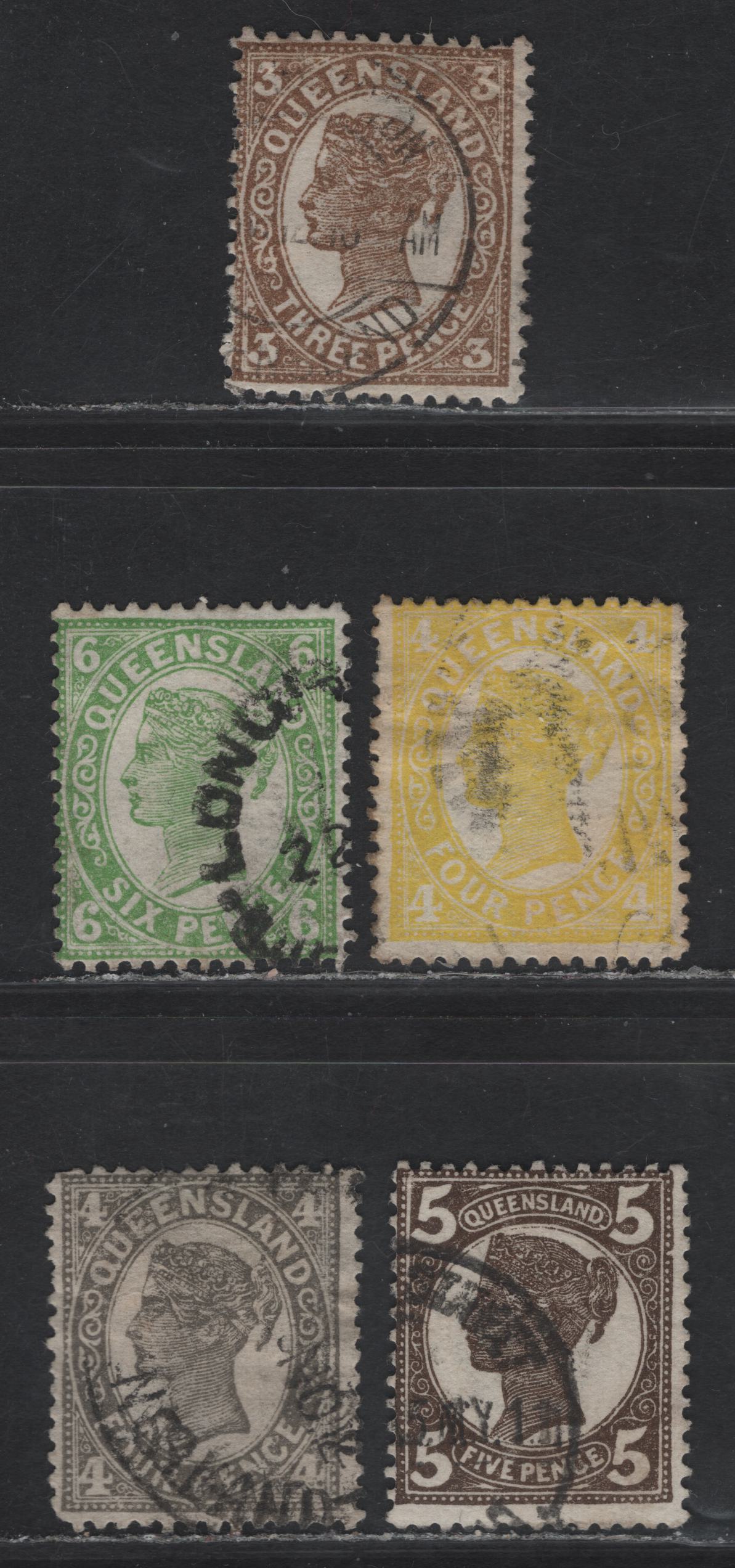Lot 33B (C) Queensland SG#292-294, 295a, 297 3d - 6d Bistre Brown - Bright Green Queen Victoria, 1907-1911 Queen Victoria Sidefaces Issue, 5 Fine Used Singles, Numerals IN 4 Corners, Crown Over A Wmk