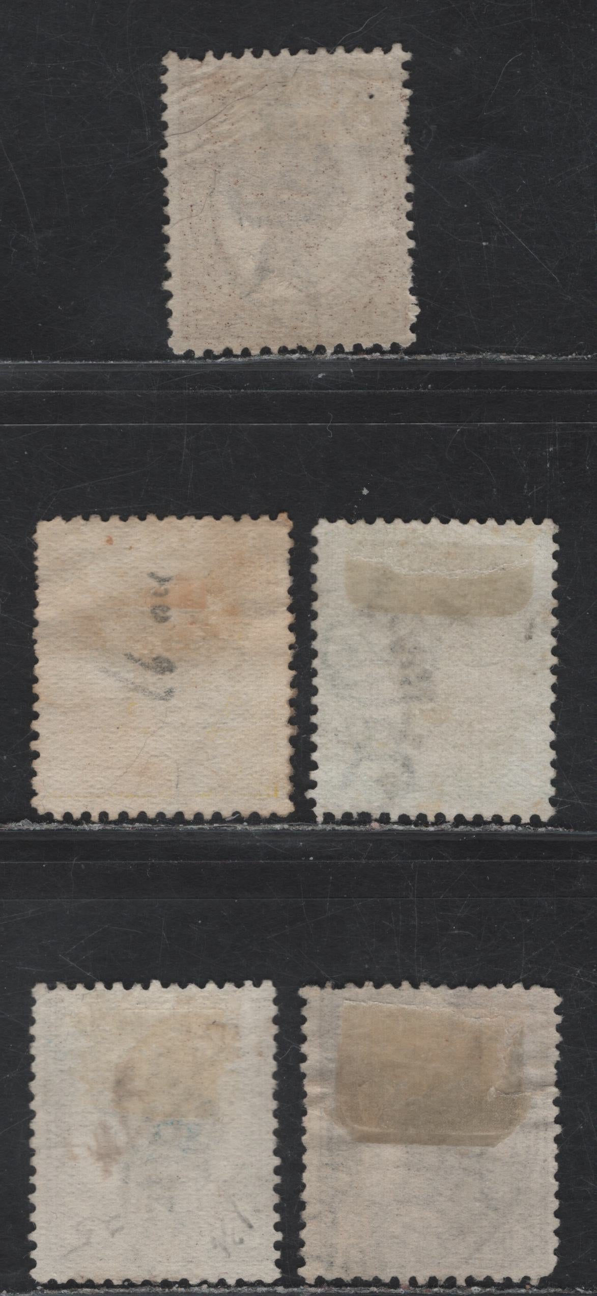 Lot 33B (C) Queensland SG#292-294, 295a, 297 3d - 6d Bistre Brown - Bright Green Queen Victoria, 1907-1911 Queen Victoria Sidefaces Issue, 5 Fine Used Singles, Numerals IN 4 Corners, Crown Over A Wmk