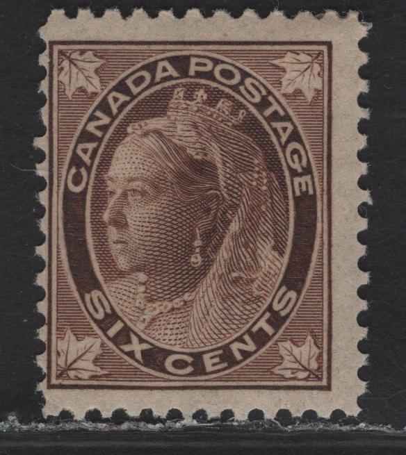 Lot 340 Canada #71 6c Deep Yellowish Brown Queen Victoria, 1897-1898 Maple Leaf Issue, A FOG Single, Paper ABN-Z, Perf 12, Design Size 17x21mm.