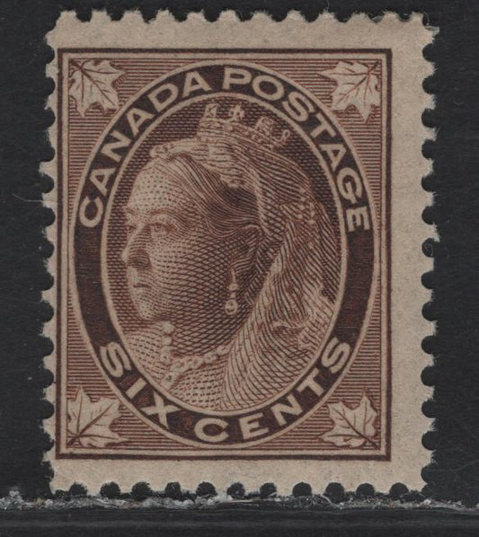 Lot 340 Canada #71 6c Deep Yellowish Brown Queen Victoria, 1897-1898 Maple Leaf Issue, A FOG Single, Paper ABN-Z, Perf 12, Design Size 17x21mm.