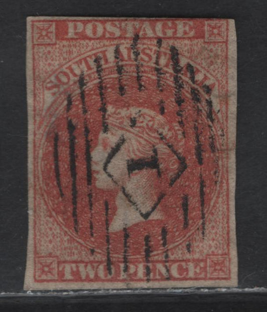 Lot 35 (C) South Australia SG#9 2d Red Queen Victoria, 1856-1858 Imperf Courbould Heads Issue, A Very Good Used Single, Clear to Just Touching Margins, 3 margins Are Full, One At Top is Close To Just Touching At UR Corner