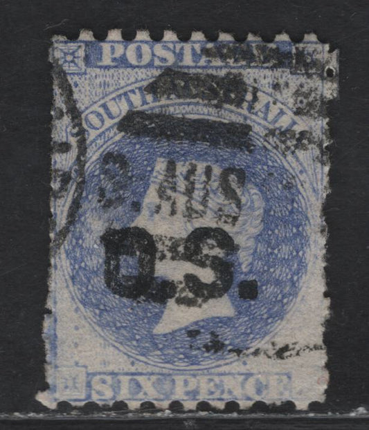 Lot 36 (C) South Australia SG#O19 6d Bright Ultramarine Queen Victoria, 1876-1885 Official Overprinted Issue, A Very Fine Used Single, OS Overprint, Perf 10x11.5x12.5