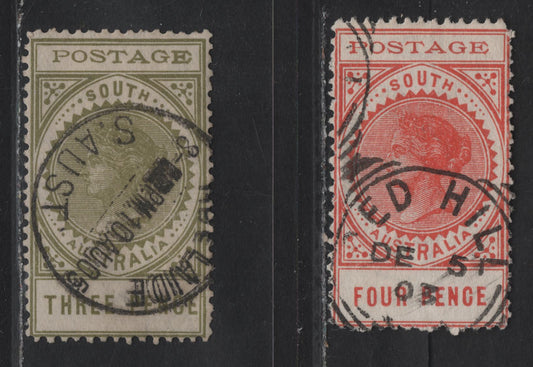 Lot 37 (C) South Australia SG#269, 280 4d - 3d Red Orange - Olive Green Queen Victoria, 1902-1904 Long Keyplates Issue, 2 Very Fine Used Singles, Perf 11.5x12.5 (4d) & 12 (3d), Thin 'Postage'