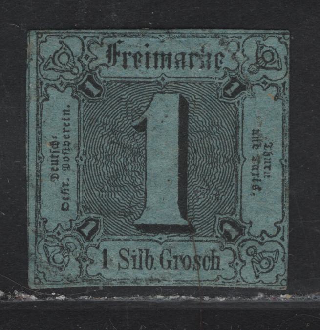 Lot 4 Germany - Thurn & Taxis SC#5 15gr Black on Light Blue Numeral, 1852-1858 Numeral Issue, A FOG Single, Jumbo Margin At Left, Showing Portion Of Adjacent Stamp, Full Margin At Top (1/4mm), Clase But Full Margins At Base & Just Touching At Right.