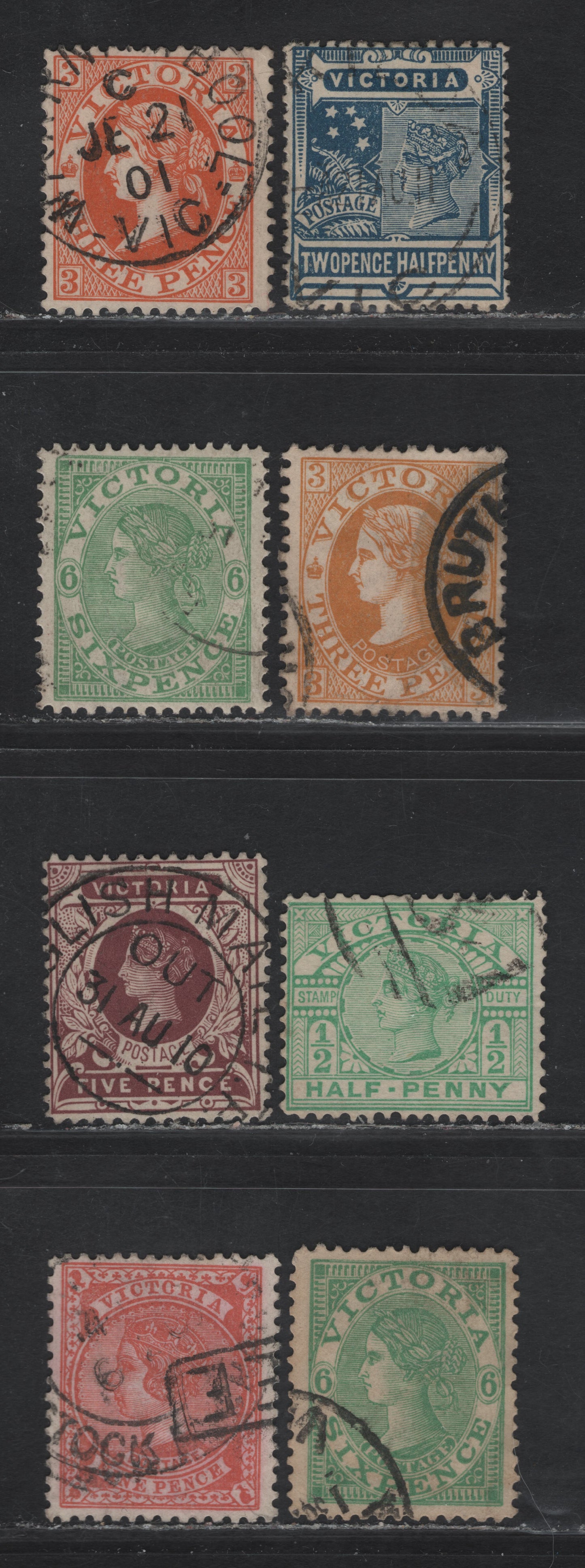 Lot 41 (C) Victoria SG#356, 389, 392a, 419, 420b, 422a, 423b, 424c 1/2d - 9d Emerald - Pale Dull Rose Queen Victoria, 1899-1913 Stamp Duty - Postage Issues, 8 Fine/Very Fine Used Singles, Wmk 85 & Crown Over A