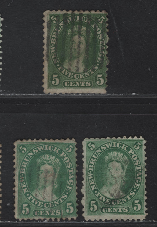 Lot 43 New Brunswick #8, 8b 5c Yellow Green, Green & Olive Green Queen Victoria, 1860 Cents Issue, 3 Good/Very Good Used Singles, Early Printings On Cents-N, Perfs 11.75, 12x11.75 and 12