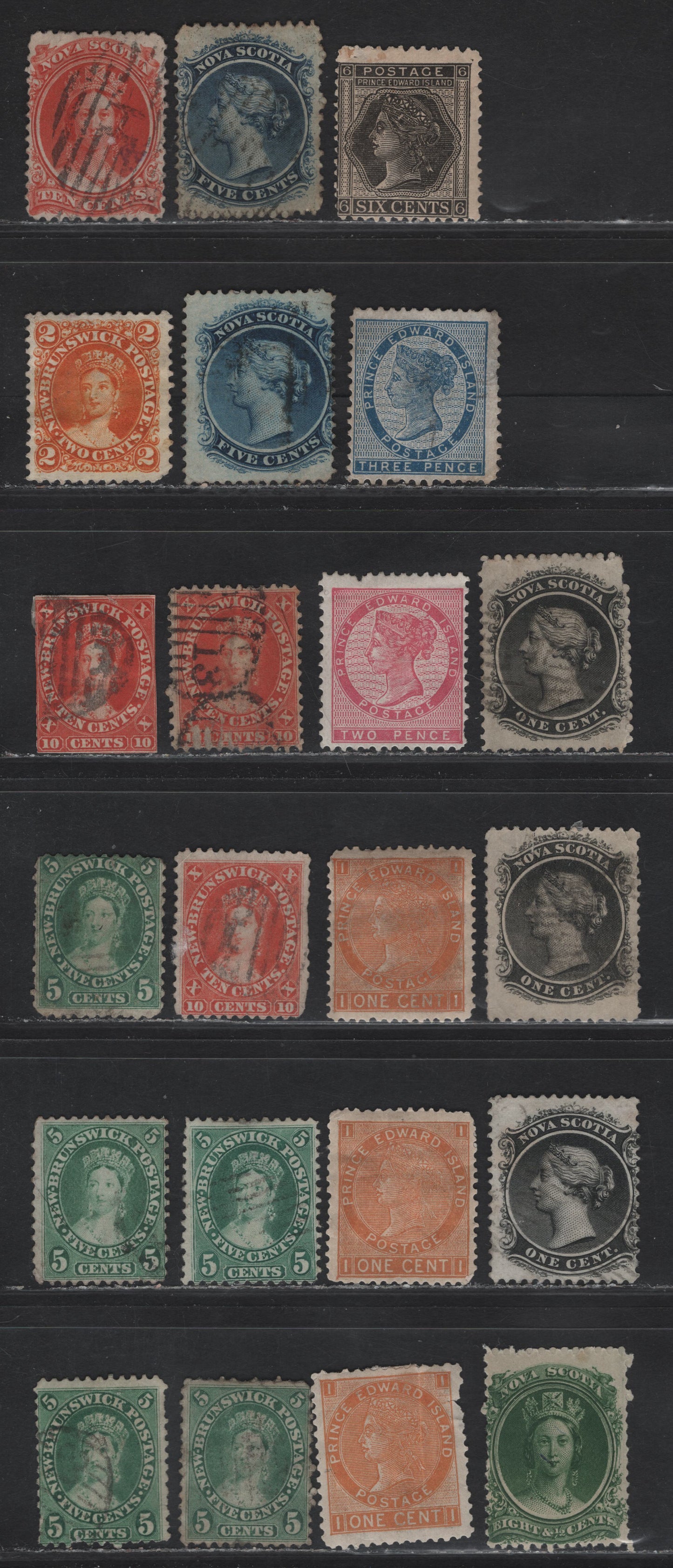 Lot 44 (C) New Brunswick, Nova Scotia & P.E.I #5, 7-9, 8, 10-12, 5-6, 11 & 13 2c - 6c Orange - Black Queen Victoria, 1860-1872 Cents Issues, 20 Mint/Used Singles, Damaged Classic Issues For The Three Provinces, Unclassified As to Perfs or Papers