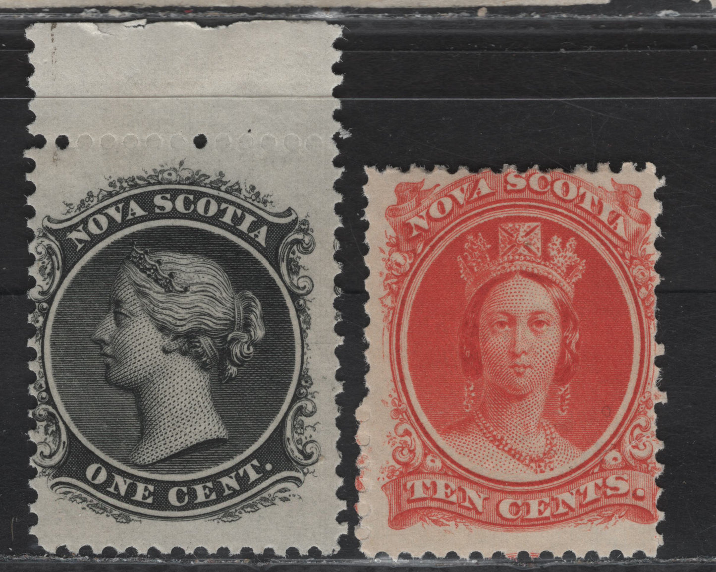 Lot 46 (C) Nova Scotia #8a, 12 1c - 10c Black - Vermillion Queen Victoria, 1860-1863 Queen Victoria Issue, 2 VG/FOG Singles, Paper Cents-N (1c) & Cents-K (10c), Perf 12x11.75