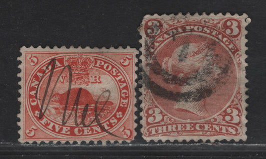 Lot 48 (C) Canada #15, 25 5c - 3c Vermillion - Dull Rose Red Beaver - Queen Victoria, 1859-1876 Cents - Small Queen Issue, 2 Fine Used Singles, Papers Cents-D (5c) & FO-O (3c), Perf 12, 2 Ring #7 Saint John Cancel.