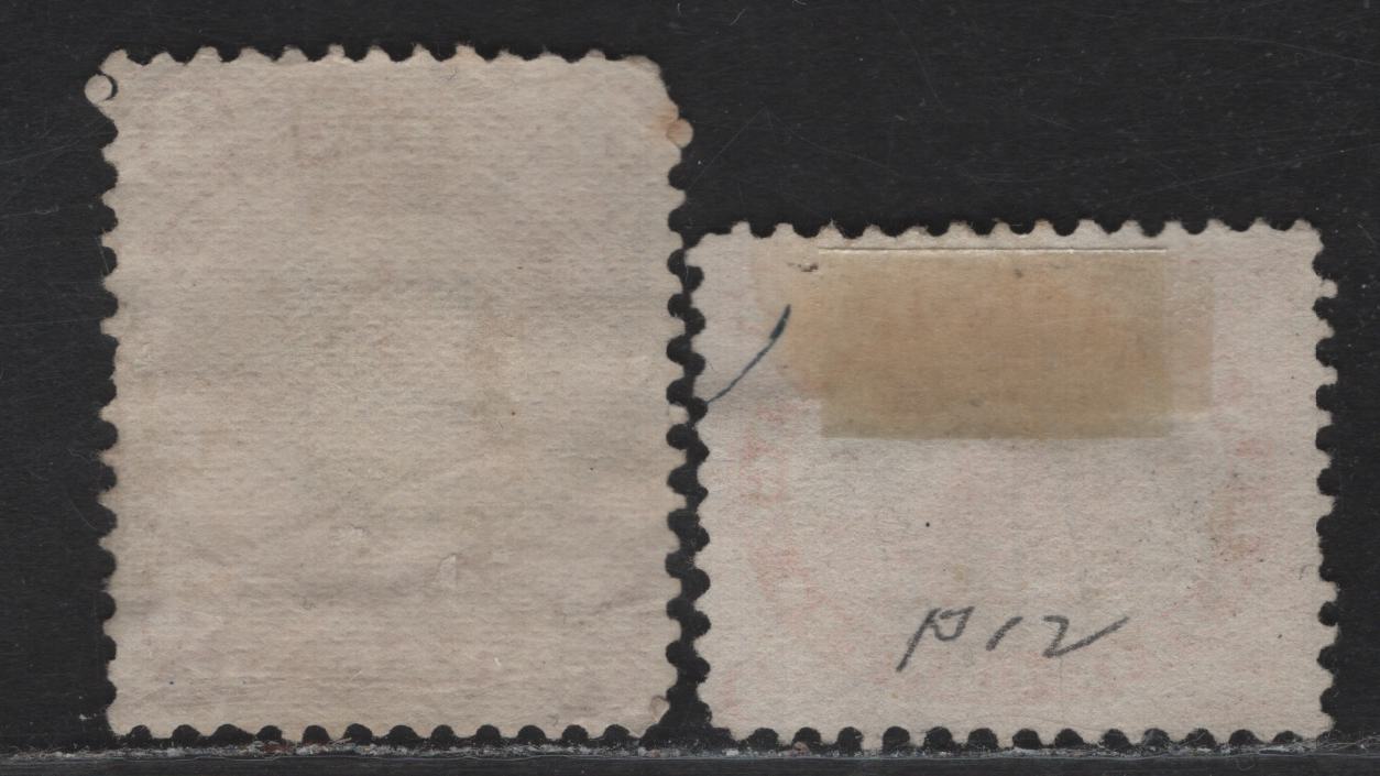 Lot 48 (C) Canada #15, 25 5c - 3c Vermillion - Dull Rose Red Beaver - Queen Victoria, 1859-1876 Cents - Small Queen Issue, 2 Fine Used Singles, Papers Cents-D (5c) & FO-O (3c), Perf 12, 2 Ring #7 Saint John Cancel.