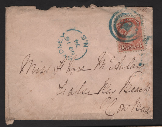 Lot 54 Canada #37iii 3c Dull Orange Red Queen Victoria, 1870-1893 Small Queen Issue, A Fine Used Cover, Mid Montreal Printing, Perf 11.75x12, From Sydney N.S On Nov. 16 1874 To Cow Bay, Cape Breton, Tied By Rare Blue Strike Of #10 2 Ring Numeral Cancel.