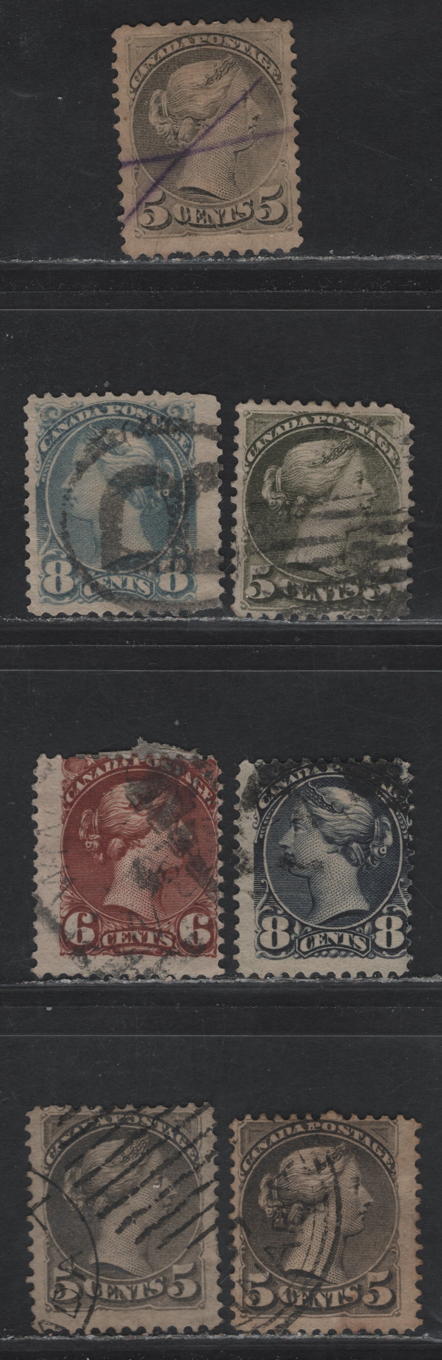 Lot 55 (C) Canada #38, 38i, 42-44, 44a 5c - 8c Greenish Gray - Blue Gray Queen Victoria, 1870-1893 Small Queen Issue, 5 Good/Very Good/Fine Used Singles, Mid Montreal & 2nd Ottawa Printings, Various Papers, Unchecked By Me
