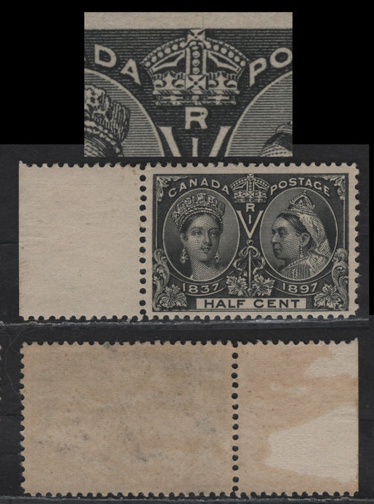 Lot 59 (C) Canada #50var 1/2c Jet Black Queen Victoria, 1897 Diamond Jubilee Issue, A VFNH Single, Paper ABN-U, Perf 11.9x11.9, Showing A Very Fine Vertical Line Through The Crown.