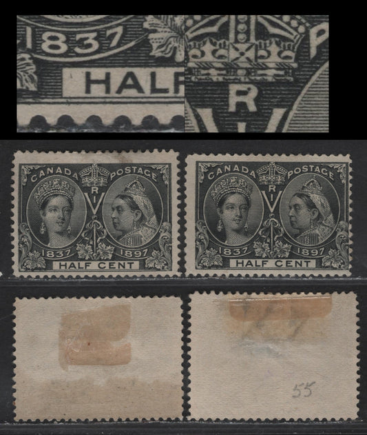 Lot 61 Canada #50 1/2c Black Queen Victoria, 1897 Diamond Jubilee Issue, 2 G/VGOG Singles, Papers ABN-U, Perf 12, Both With Faults.