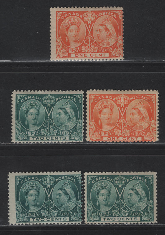 Lot 65 Canada #51i, 52, 52i 1c - 2c Bright Yellow Orange - Deep Blue Green Queen Victoria, 1897 Diamond Jubilee Issue, 5 VG/FNH Singles, Perfs 11.9x12, 11.9x11.8, 12x11.8, 12 & 12x11.9