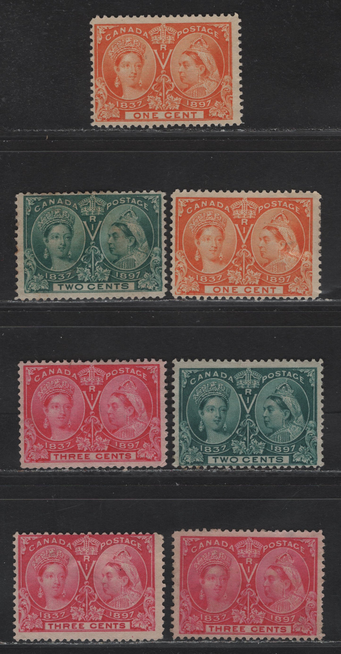 Lot 66 Canada #51i, 52, 52i, 53, 53i 1c - 3c Yellow Orange - Pale Rose Queen Victoria, 1897 Diamond Jubilee Issue, 7 Fine Unused Singles, Papers ABN-U & ABN-V, Perfs 12 & 12x11.9