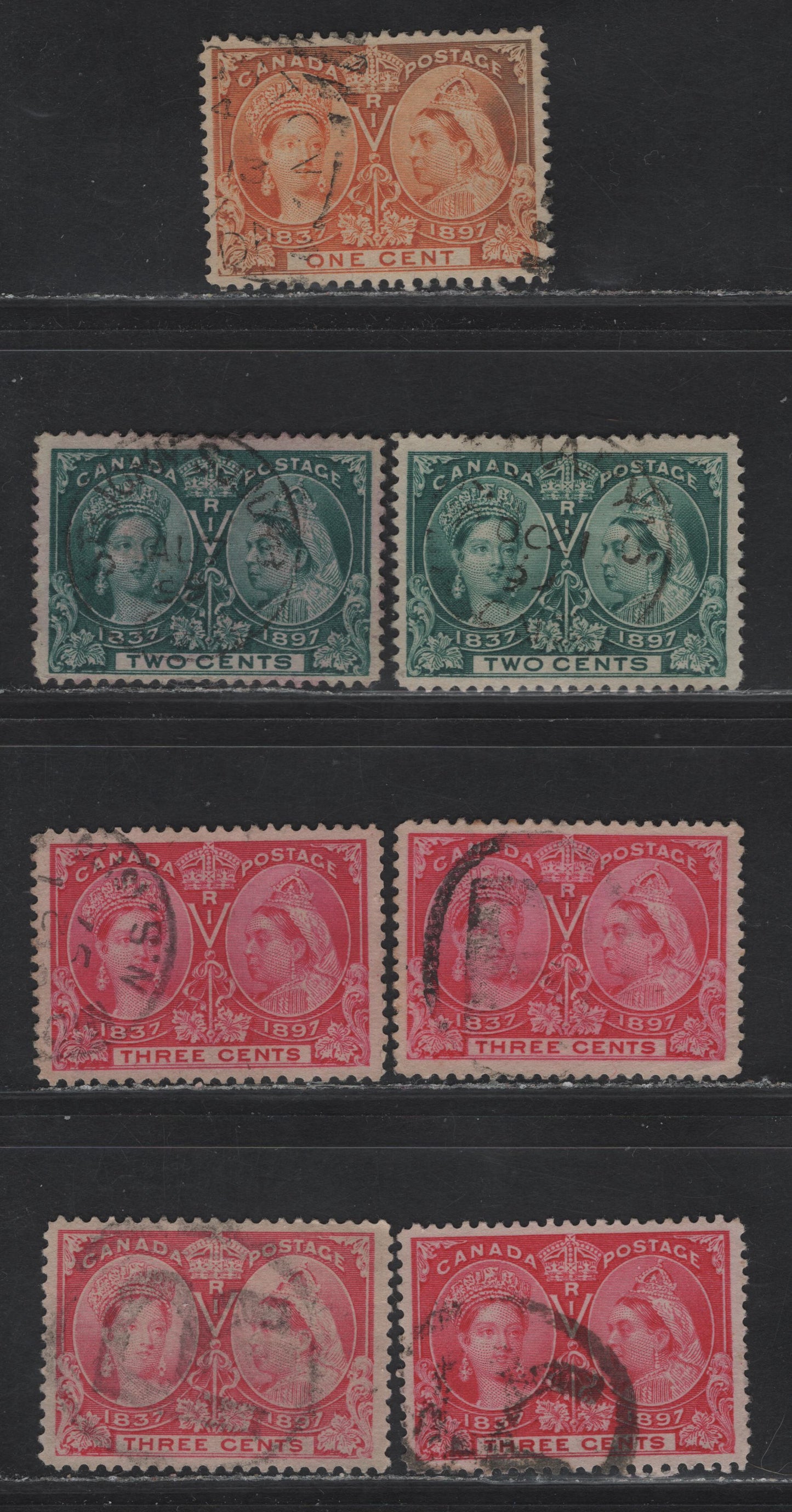 Lot 68 (C) Canada #51, 52, 52i, 53, 53i 1c - 3c Dull Orange - Deep Bright Rose Queen Victoria, 1897 Diamond Jubilee Issue, 7 Very Fine Used Singles, Paper ABN-U, Perf 12, 12x11.9 and 11.9x12