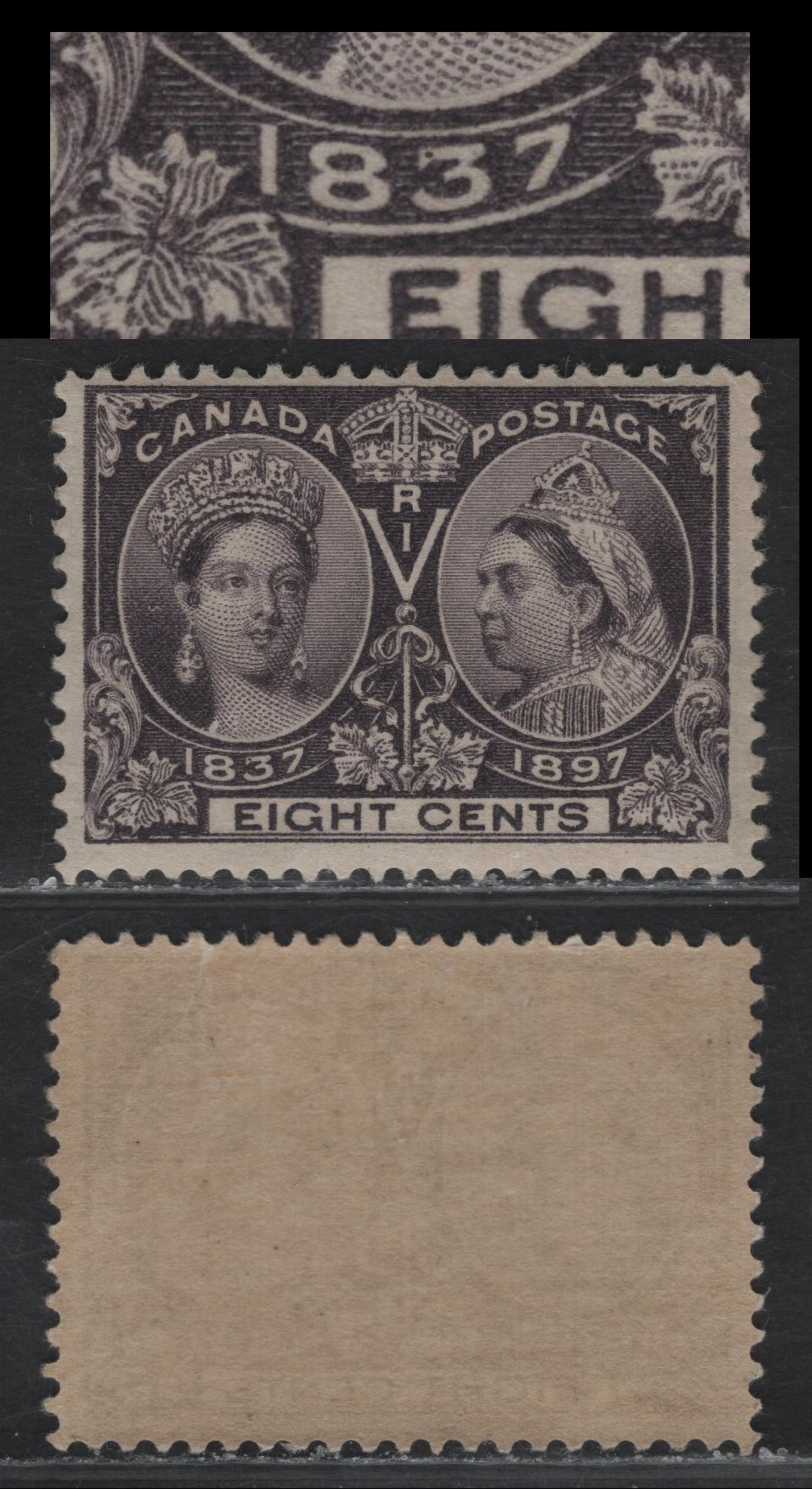 Lot 81 (C) Canada #56 8c Deep Blackish Violet Queen Victoria, 1897 Diamond Jubilee Issue, A FOG Single, Paper ABN-V, Perf 11.9x12, Dot in 3 of 1873.