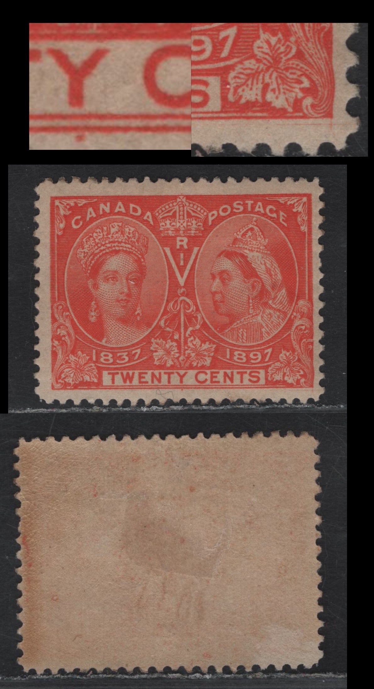 Lot 88 (C) Canada #59var 20c Dull Vermillion Queen Victoria, 1897 Diamond Jubilee Issue, A FRG Single, Paper ABN-W, Perf 11.9, Dot In Bottom Margin Under 'Y' of 'Twenty', Two Crossed Guidelines In Lower Right Corner, Non-Original Gum.