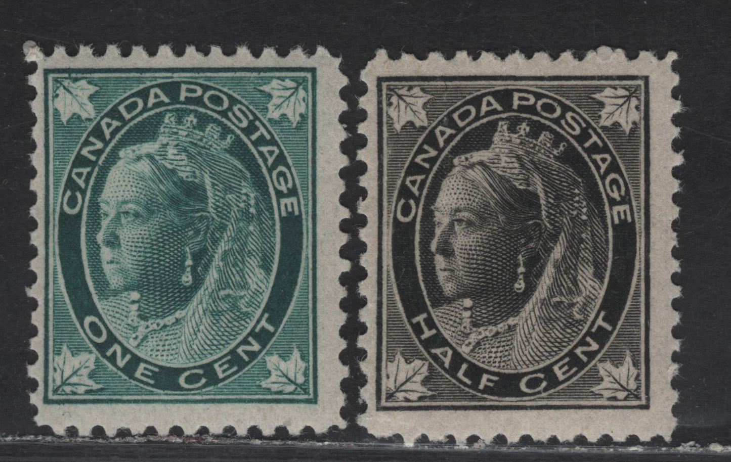 Lot 94 (C) Canada #66-67 1/2c - 1c Gray Black & Blue Green Queen Victoria, 1897-1898 Maple Leaf Issue, 2 FNH/OG Singles, Paper ABN-Y, Perfs 11.9 & 11.9x11.8, Design Sizes 17x20.8mm & 17x21mm, Gum Is NH On Both Stamps, Small Disturbace On 1/2c.