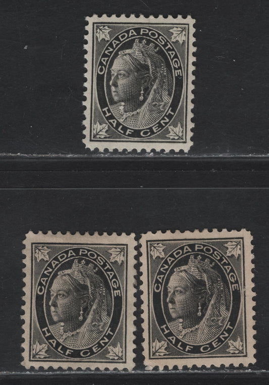 Lot 96 Canada #66 1/2c Gray Black - Black Queen Victoria, 1897-1898 Maple Leaf Issue, 3 Very Fine Unused Singles, Papers ABN-X & ABN-A, Perfs 11.9x11.8, 12x11.9 & 12, Design Sizes 17x21mm, 16.8x21 & 12.8x20.8mm.