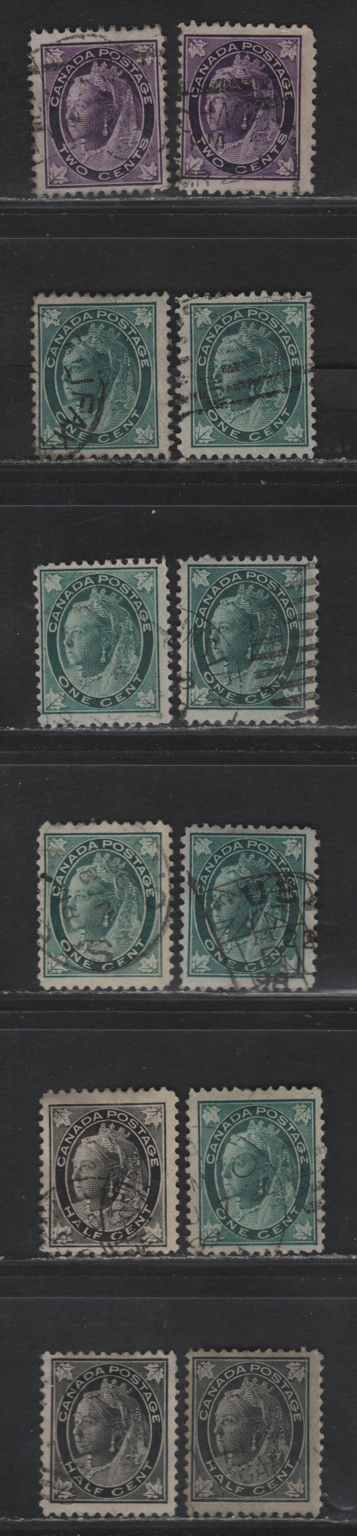 Lot 97 Canada #66-68 1/2c - 2c Black - Violet Queen Victoria, 1897-1898 Maple Leaf Issue, 12 Fine Used Singles, Various Papers, Perfs & Design Sizes