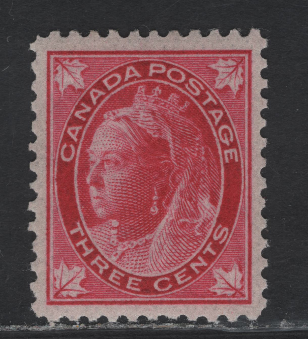 Lot 99 (C) Canada #69 3c Bright Red Queen Victoria, 1897-1898 Maple Leaf Issue, A VFOG Single, Paper ABN-BB, Perf 11.9, Gum Is NH, But There Are A Couple Of Small Disturbances.