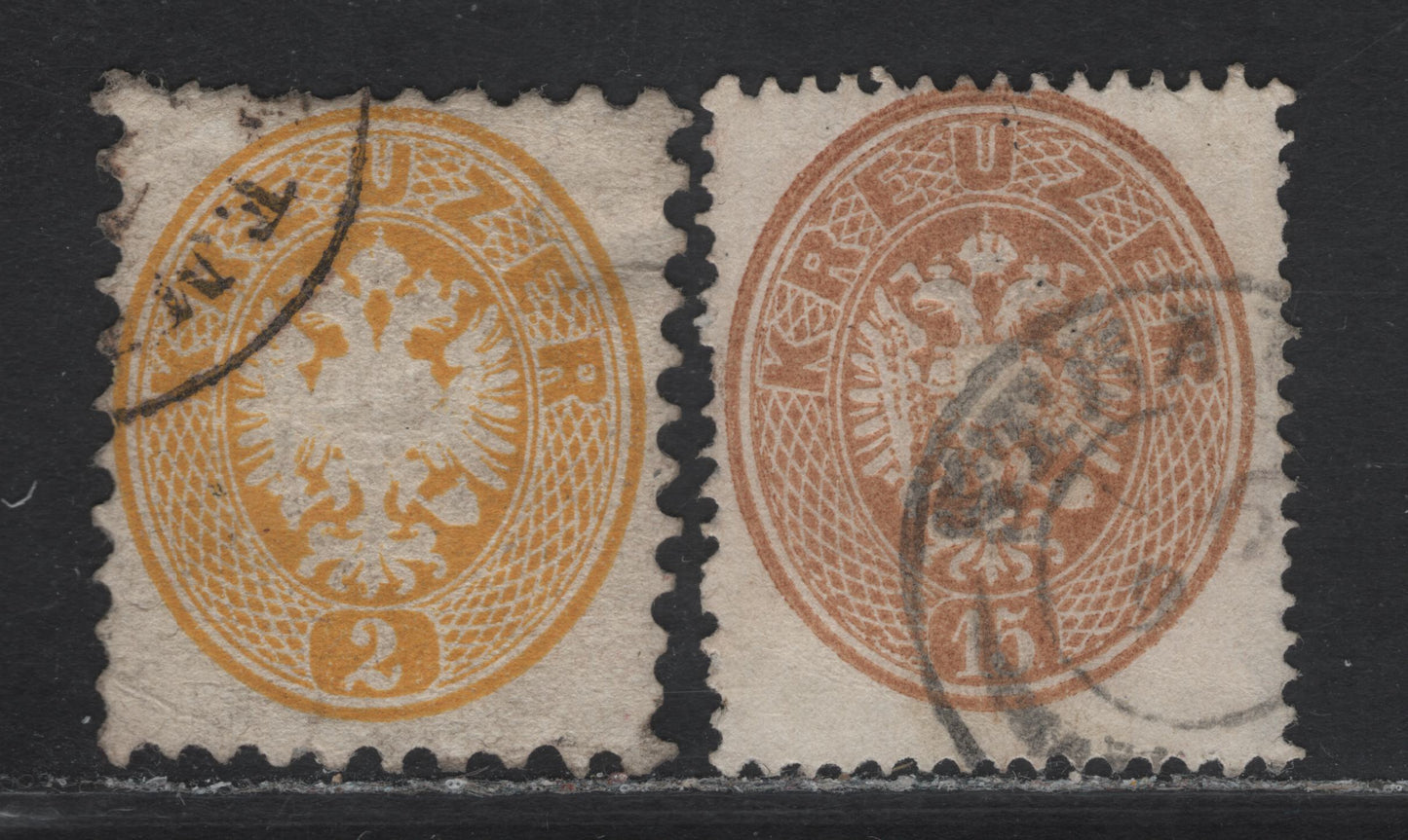 Lot 1 Austria SC#21, 22 2kr - 15kr Yellow - Yellow Brown Arms, 1863-1864 Arms Issue, 2 Very Good/Fine Used Singles, Perf 9.5 (2kr) & 14