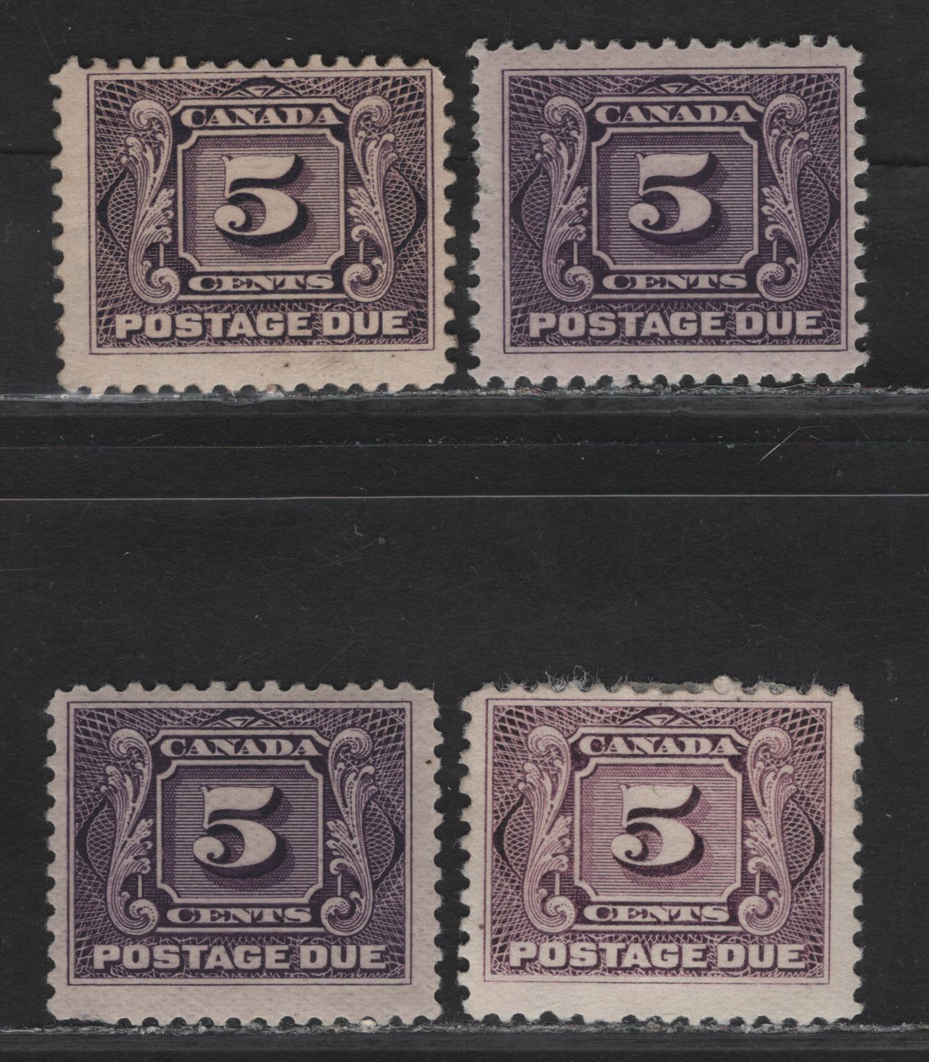 Lot 101 Canada #J4, J4a 5c Red Lilac - Deep Purple Numeral, 1906-1928 First Postage Dues, 4 VG/FOG/RG Singles, Papers ABN-FFF & ABN-FF, Various Perfs