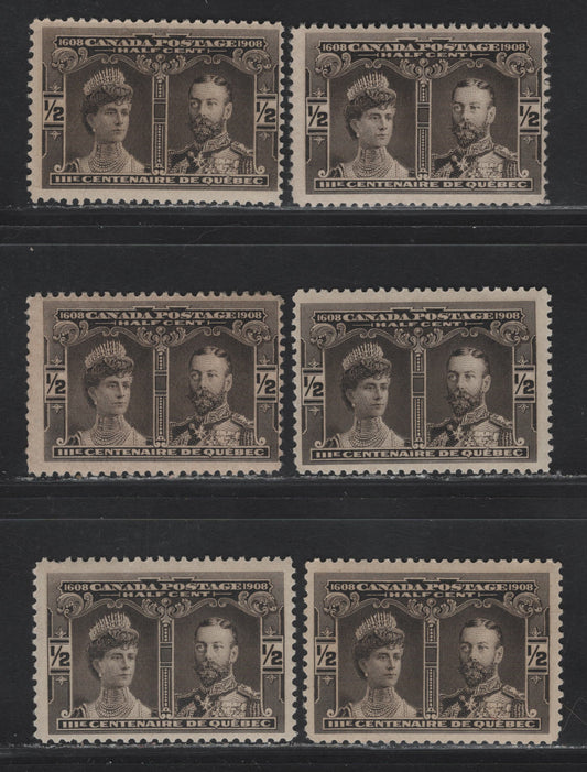 (C) Canada #96 1/2c Black Brown / Brown Black Prince & Princess of Wales, 1908 Quebec Tercentenary Issue, 6 FOG Singles, Unchecked As To Paper Type (ABN-A or ABN-B), Shade Or Exact Perf