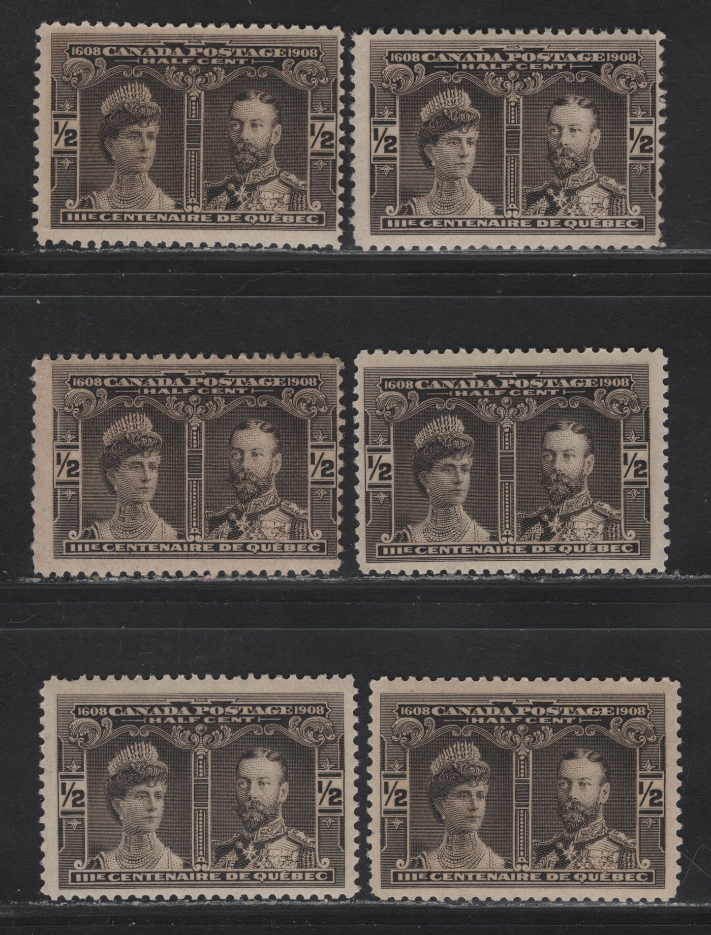 Lot 105 (C) Canada #96 1/2c Black Brown / Brown Black Prince & Princess of Wales, 1908 Quebec Tercentenary Issue, 6 FOG Singles, Unchecked As To Paper Type (ABN-A or ABN-B), Shade Or Exact Perf