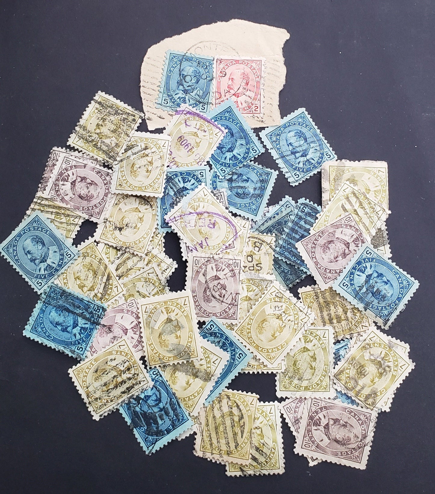 Lot 108 Canada #91-93, 95 5c - 50c Blue - Purple King Edward VII, 1903-1908 King Edward VII Issue, 53 Ungraded Used Singles, Unchecked As to Paper Types, Shades, Perfs & Re-Entries