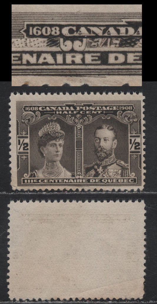 Lot 119 Canada #96i 1/2c Brownish Black Prince & Princess of Wales, 1908 Quebec Tercentenary Issue, A Very Good Unused Single, Paper ABN-B, Perf 12, Pos. 44 Major Re-Entry, Small Diagonal Crease At LL.