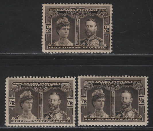 Lot 120 Canada #96 1/2c Black Brown & Brown Black Prince & Princess of Wales, 1908 Quebec Tercentenary Issue, 3 VFOG Singles, Papers ABN-A & ABN-B