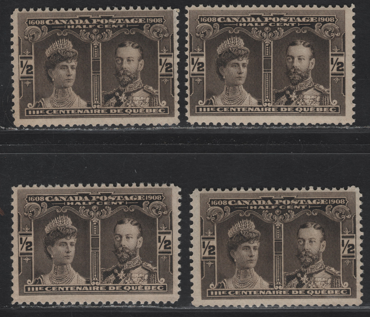 Canada #96 1/2c Black Brown & Brown Black Prince & Princess of Wales, 1908 Quebec Tercentenary Issue, 4 FNH Singles, Papers ABN-A & ABN-B, Three of the Shades Are ABN-B